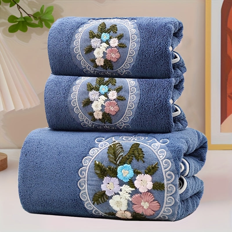 Embroidered Flower Towel Set 3 Piece – Soft Absorbent Bath Towel & 2 Face Towels – Skin-Friendly Polyester Blend, Home & Beach Use, White, Blue, Pink, Gray