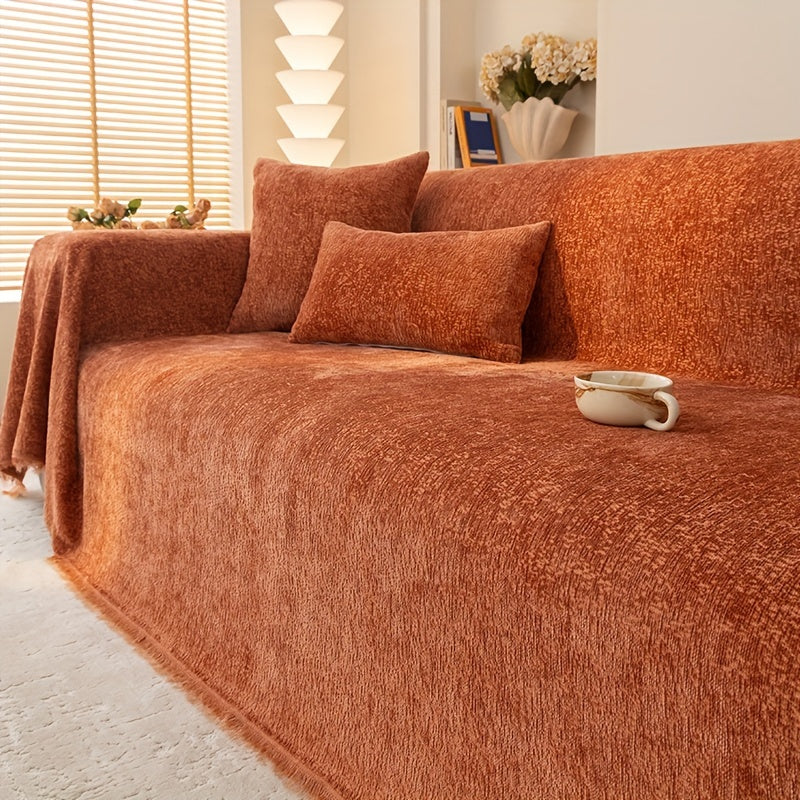 Chenille Sofa Cover with Tassels - Ultra Soft Thick Pet Friendly Couch Slipcover Solid Color 2 3 4 Seater Living Room Decor