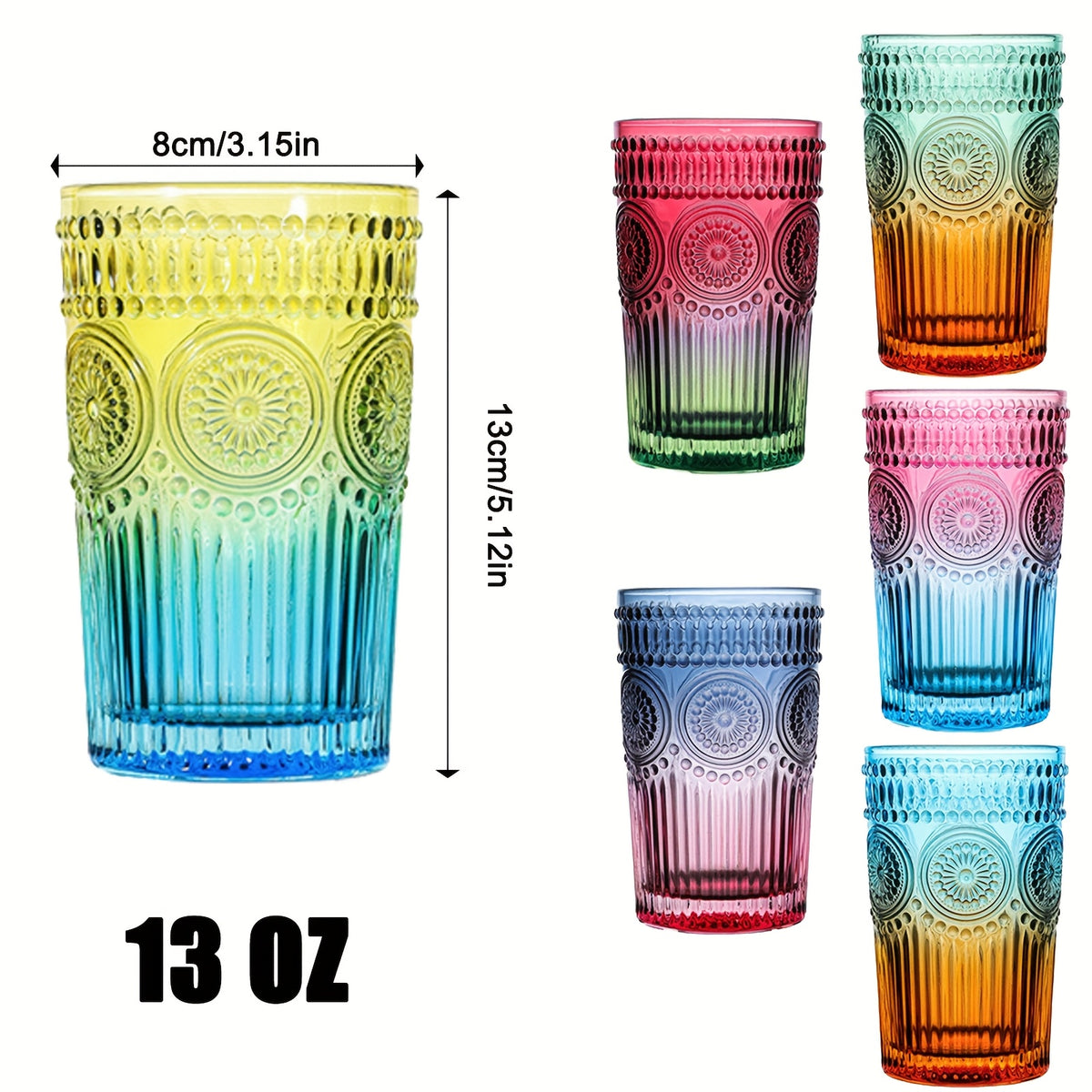 Vintage Glassware Drinking Glasses Set of 6 – 13oz Colored Embossed Flower Textured Tumblers | Elegant Drinkware for Water, Cocktails, Juice & Iced Coffee | 6 Colors