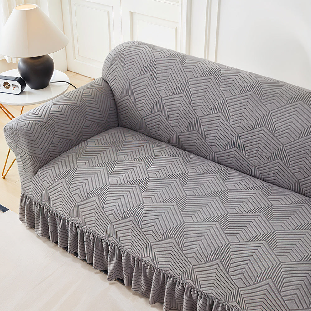 Jacquard Fleece Sofa Slipcover Ruffle Skirt High Stretch Full Coverage Non-Slip Machine Washable Pet-Friendly Couch Cover Single 2 4 Seater Living Room Bedroom Office Grey