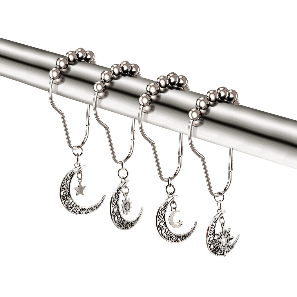 Crescent Shower Curtain Hooks 12 Pack - Silvery Moon Design Cast Iron Rust-Resistant Decorative Curtain Rings, Easy Install for Bathroom Kitchen & Standard Shower Rods