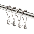 Crescent Shower Curtain Hooks 12 Pack - Silvery Moon Design Cast Iron Rust-Resistant Decorative Curtain Rings, Easy Install for Bathroom Kitchen & Standard Shower Rods