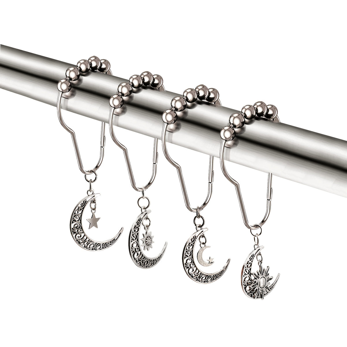 Crescent Shower Curtain Hooks 12 Pack - Silvery Moon Design Cast Iron Rust-Resistant Decorative Curtain Rings, Easy Install for Bathroom Kitchen & Standard Shower Rods