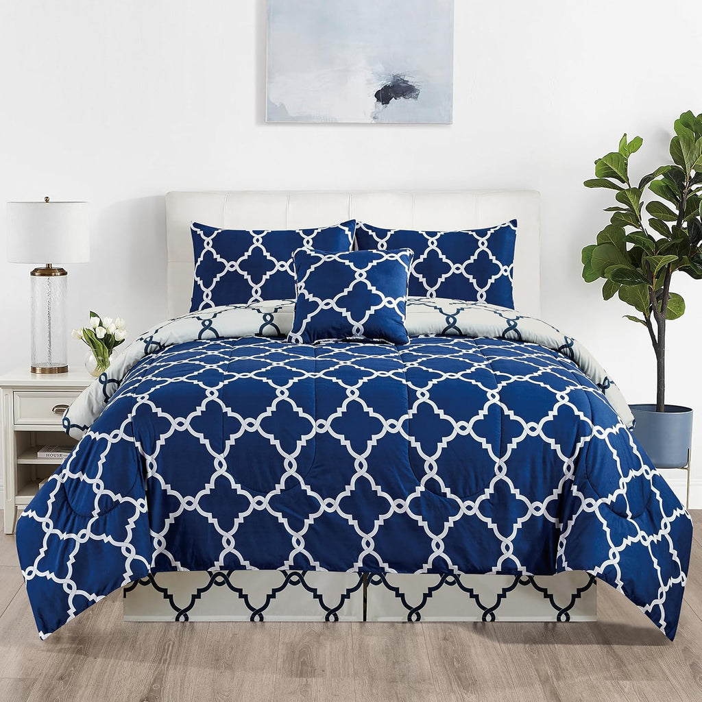 5-Piece Comforter Set – Reversible Quilted Down Alternative Bedding Set with Pillow Shams, Bed Skirt & Cushion | All Season | Twin, Queen, King