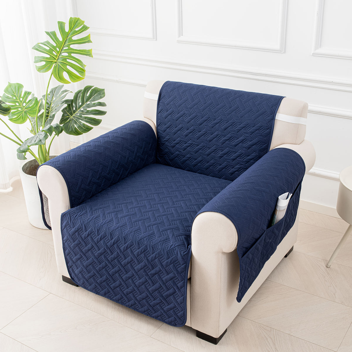 Sofa Cushion Cover with Storage Pocket – Pet-Proof Non-Slip Multi-Function Sofa Protector, All-Season Machine Washable, 1/2/3-Seater, Navy Coffee Off-White Dark Gray