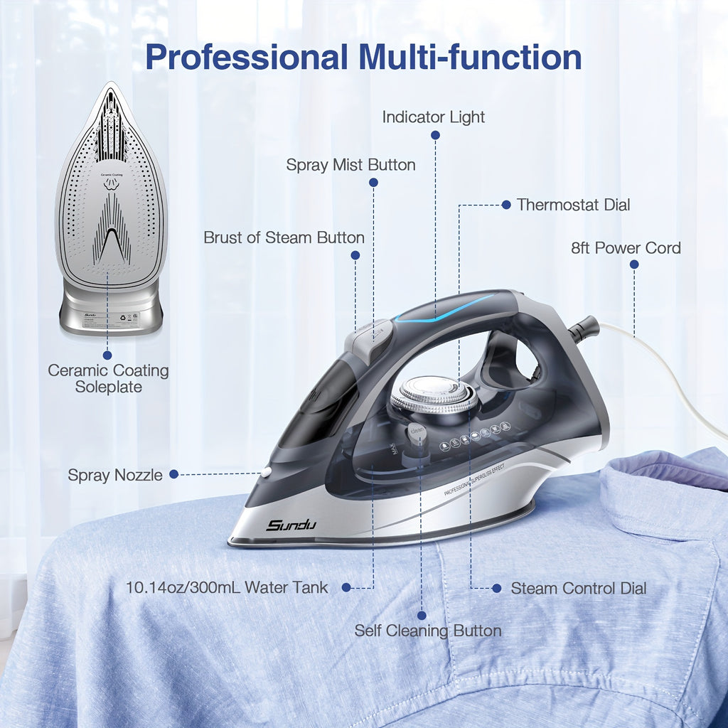 Ceramic Steam Iron 1700W Rapid Heating – Ceramic Coated Soleplate, Precise Thermostat Dial, Self-Cleaning, Auto-Off, 10.14oz Water Tank, Home Clothes Ironing, Grey