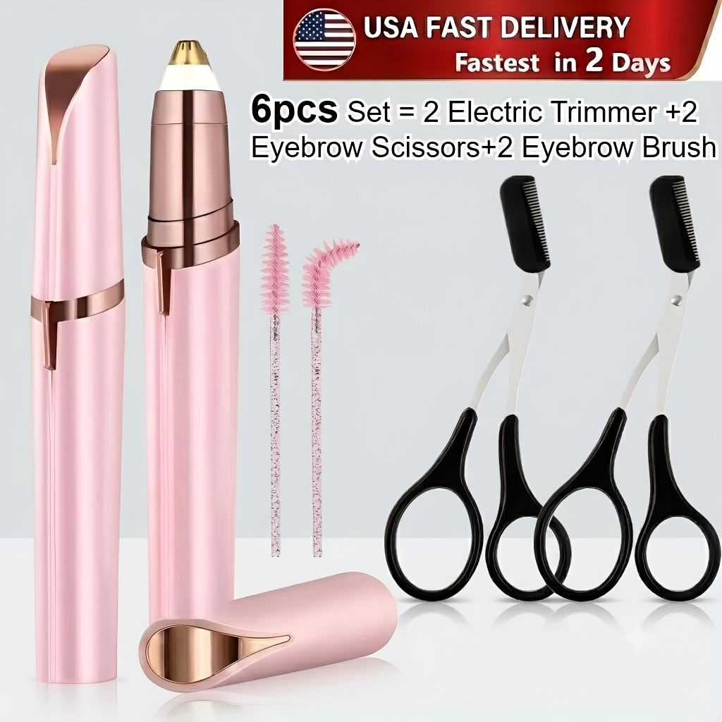 Electric Eyebrow Trimmer 2 Pack USB Rechargeable Painless Precision Hair Remover Women - Face Leg Lip Armpit Portable Razor Pink Rose Gold