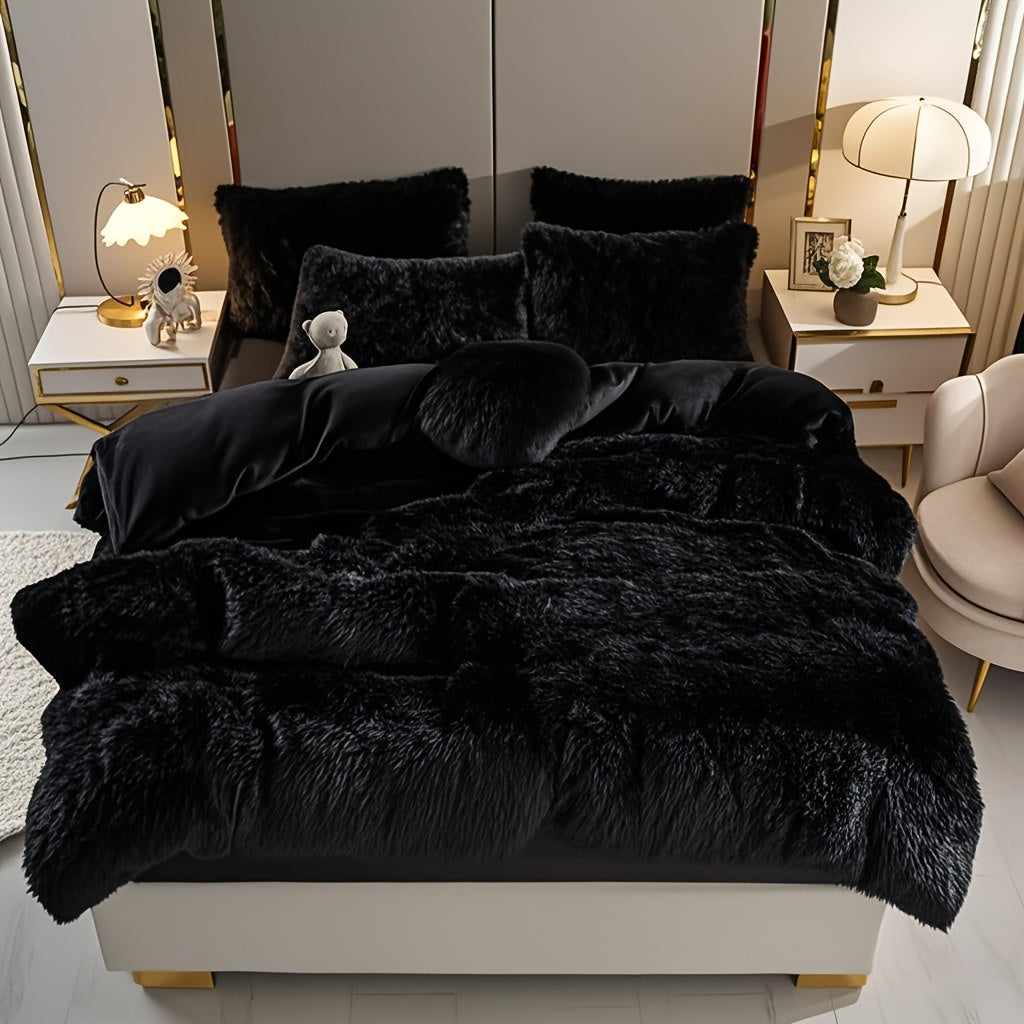 Plush Faux Fur Duvet Cover Set for Kids & Teens, 3/4 Pcs with Pillowcases & Heart Pillow, Super Soft Warm Faux Fur Comforter Cover, Machine Washable Lodge Style Bedding, Twin Queen King