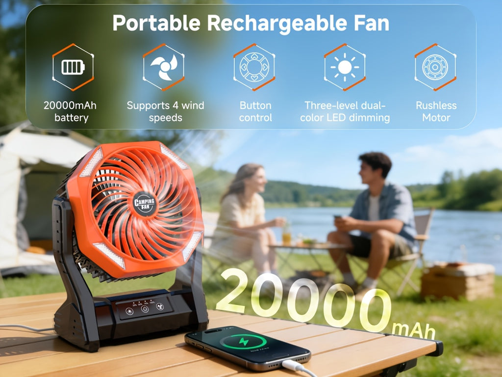 Camping Fan 20000mAh Battery LED Light 4-Speed Brushless Motor 180 Degree Oscillation 22-26H Runtime Portable Rechargeable Outdoor Fan for Camping Hiking Picnic Emergency Power Outage Green