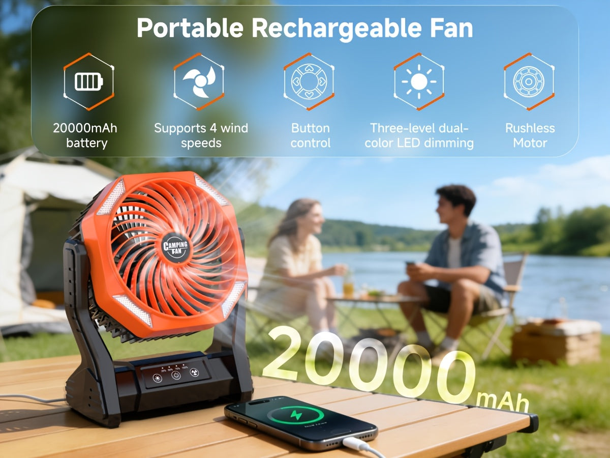 Camping Fan 20000mAh Battery LED Light 4-Speed Brushless Motor 180 Degree Oscillation 22-26H Runtime Portable Rechargeable Outdoor Fan for Camping Hiking Picnic Emergency Power Outage Green