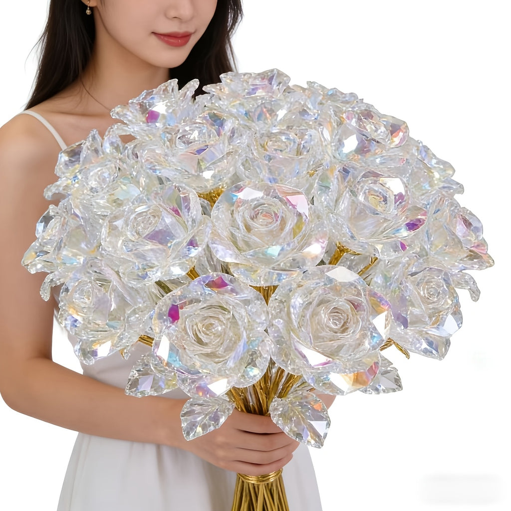 Crystal Rose Bouquet 20pcs Sparkling Eternal Artificial Crystal Flowers, Realistic Faux Rose Set for Weddings, Valentine's Day, Mother's Day, Anniversary, Birthday & Holiday Centerpiece Decoration