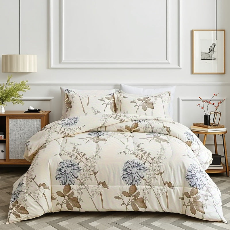 Soft Floral Comforter Set 3-Piece Easy Care – Lightweight Breathable All-Season Quilt with Pillowcases, Light Blue, White & Beige, Bed in a Bag Twin Queen King