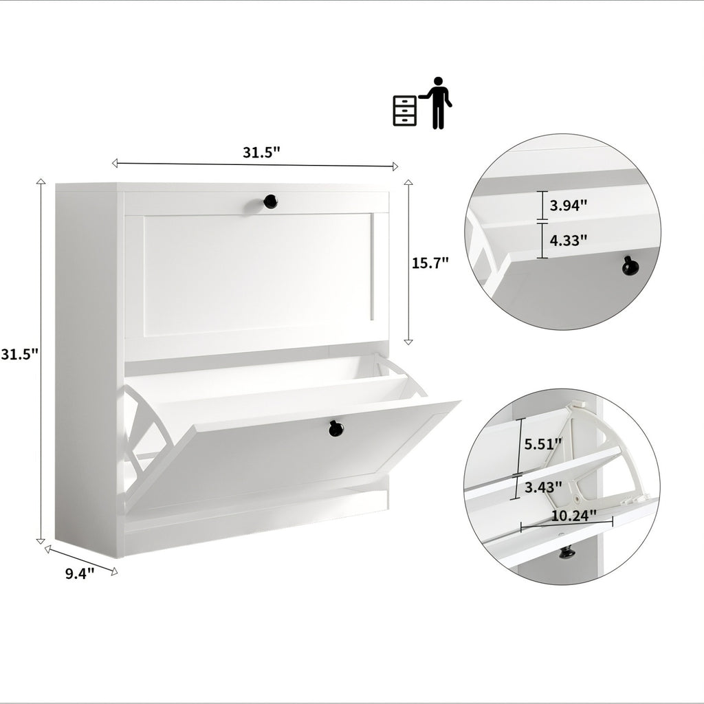 Flip Drawer Shoe Organizer Rack with 2 or 3 Drawers – Space-Saving Shoe Storage Cabinet for Entryway Hallway Bedroom, 3 Colors White Black Rustic Brown
