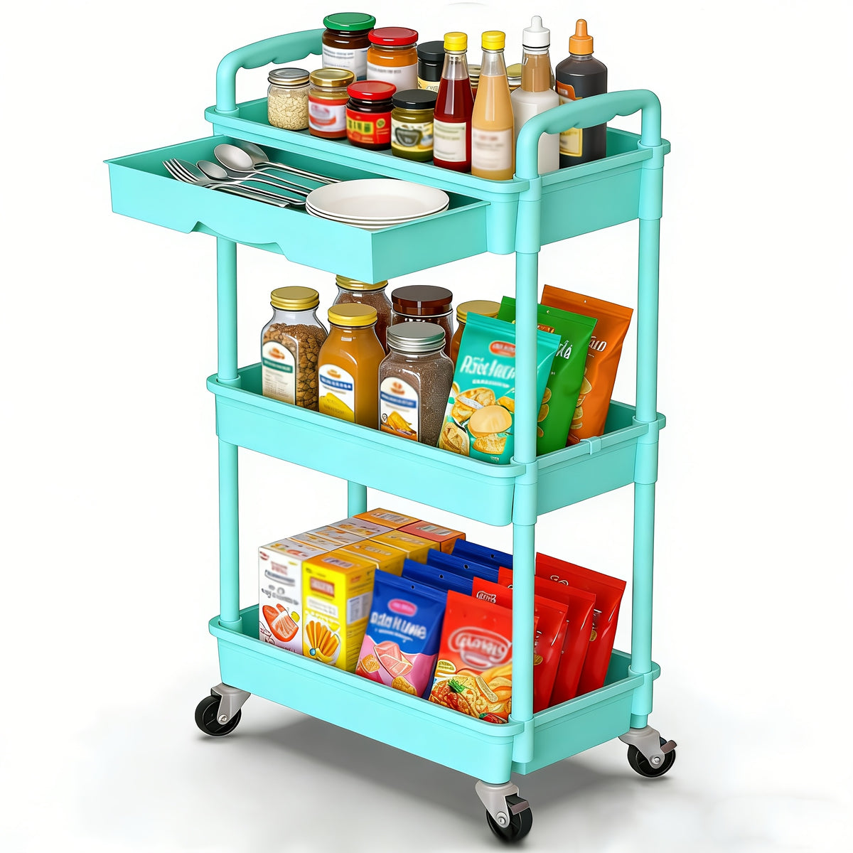 3/4-Tier Rolling Storage Cart with Drawers – Plastic Organizer with Lockable Wheels, Cup Holder & Hooks | Kitchen, Bathroom, Bedroom & Laundry Room