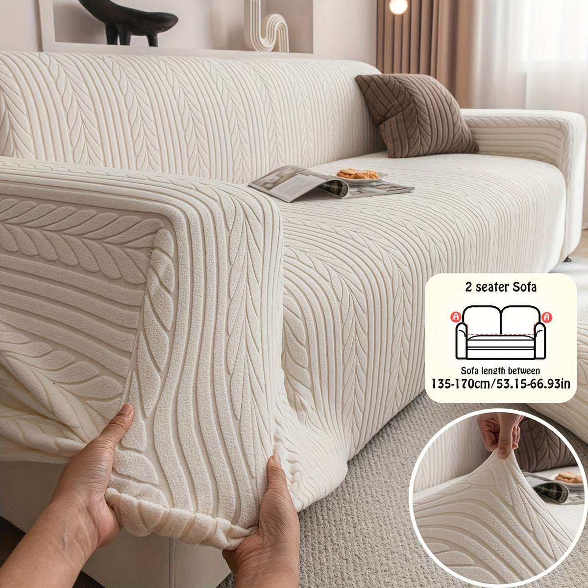 Striped Stretch Sofa Cover 1pc – Washable Non-Slip Scratch-Resistant All-Season Sofa Slipcover for 1 2 3 4 Seater, White Sawtooth Textured Fabric Couch Protector for Living Room Home Decor