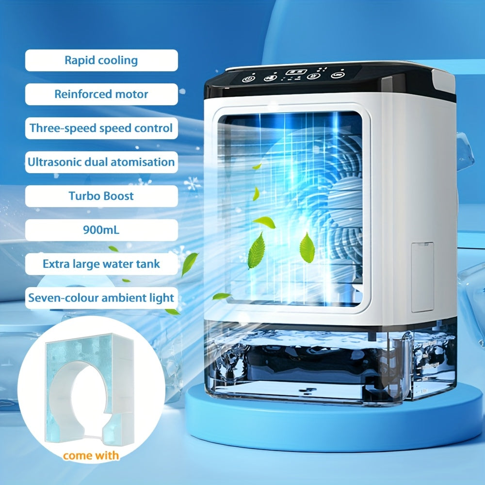 Fan Humidifier Combo USB Desk Mist Fan with Colorful LED Mood Lights Soundwave Technology 3-Speed Quiet Cooling Large Ice Box Carrying Handle Home Office Bedroom Gift
