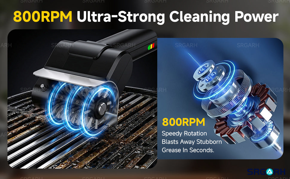 Cordless Electric Grill Brush – 800 RPM Rotating BBQ Cleaning Tool, 2000mAh Rechargeable, 304 Stainless Steel Bristles, Includes Replacement Head & Gloves, Portable Outdoor Grill Scrubber