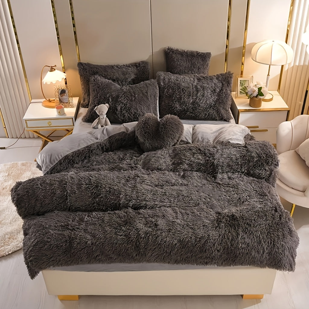 Plush Faux Fur Duvet Cover Set for Kids & Teens, 3/4 Pcs with Pillowcases & Heart Pillow, Super Soft Warm Faux Fur Comforter Cover, Machine Washable Lodge Style Bedding, Twin Queen King