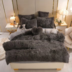 Plush Faux Fur Duvet Cover Set for Kids & Teens, 3/4 Pcs with Pillowcases & Heart Pillow, Super Soft Warm Faux Fur Comforter Cover, Machine Washable Lodge Style Bedding, Twin Queen King