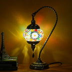 Turkish Mosaic Table Lamp Moroccan Style Handmade Swan Neck Mosaic Glass Bedside Lamp with Metal Base - 3 Color Modes Dimmable LED Bulb Included - Bedroom Living Room Decor Gift