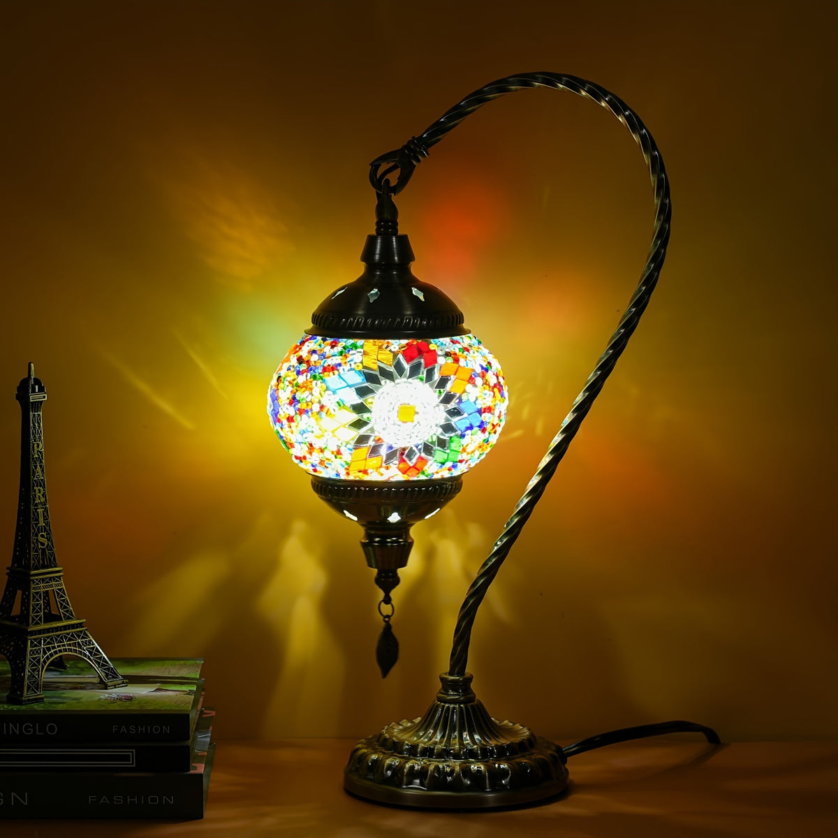 Turkish Mosaic Table Lamp Moroccan Style Handmade Swan Neck Mosaic Glass Bedside Lamp with Metal Base - 3 Color Modes Dimmable LED Bulb Included - Bedroom Living Room Decor Gift