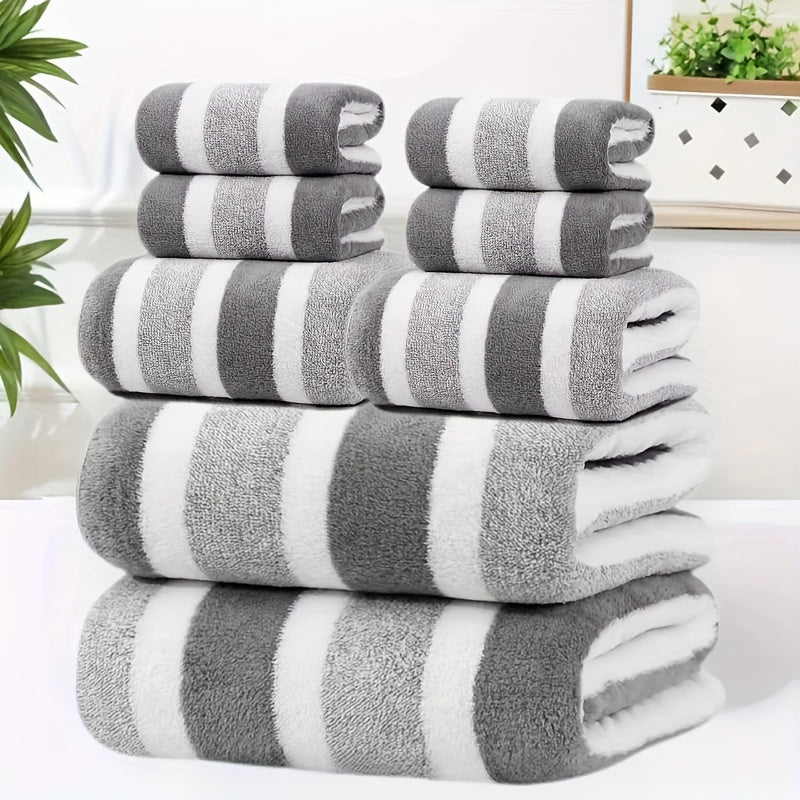 8-Piece Hotel-Quality Striped Bath Towel Set – Lint-Free Super Absorbent Two-Color Towels | 2 Large Bath Towels, 2 Medium Bath Towels & 4 Washcloths