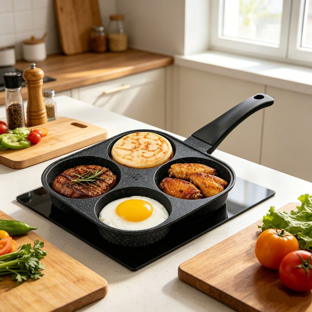 Non-Stick Omelet Pan Breakfast Skillet – Powder-Coated Interior, Heat-Resistant Wooden Handle, Dishwasher Safe | Easy Food Release for Eggs, Omelets & Burgers | Gas Stove Compatible