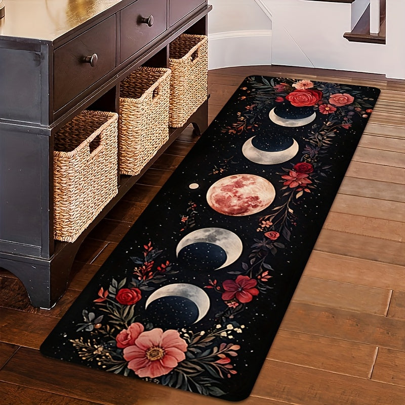 Bohemian Moon Phase Floral Kitchen Rug – Non-Slip Washable Rectangle Area Mat for Bedroom, Living Room, Entryway, Laundry Room & Hardwood Floors, Boho Home Decor, 16x48 & 18x60 Inch
