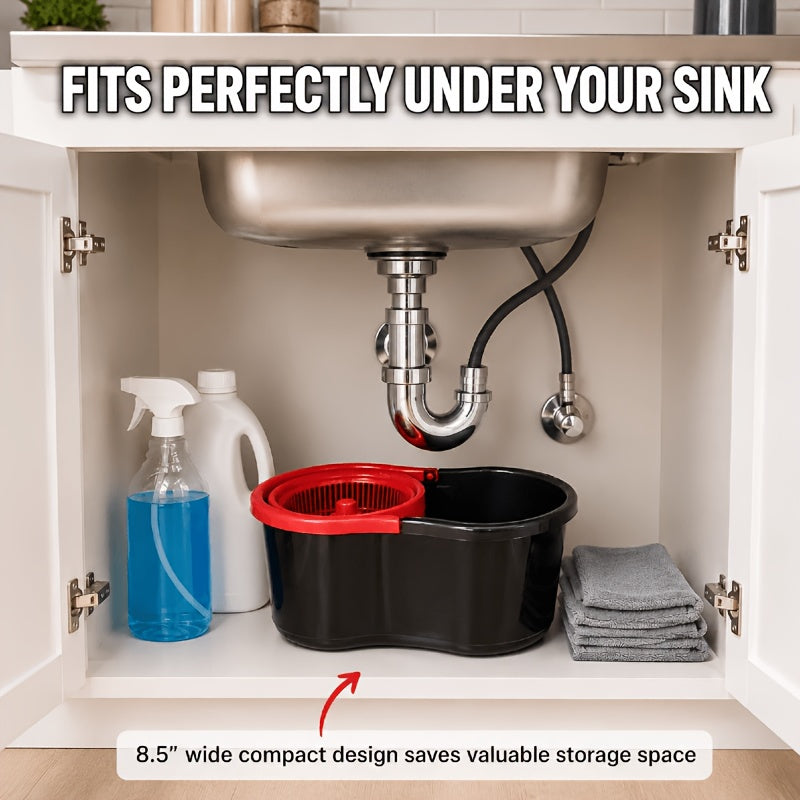 Spin Mop and Bucket Set with 4 Microfiber Heads - Compact Self-Wringing Hands-Free Floor Mop for Apartments Dorms & Small Spaces Fits Under Sink