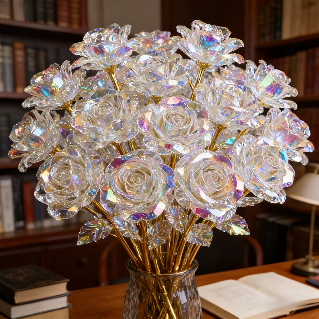 Crystal Rose Bouquet 20pcs Sparkling Eternal Artificial Crystal Flowers, Realistic Faux Rose Set for Weddings, Valentine's Day, Mother's Day, Anniversary, Birthday & Holiday Centerpiece Decoration