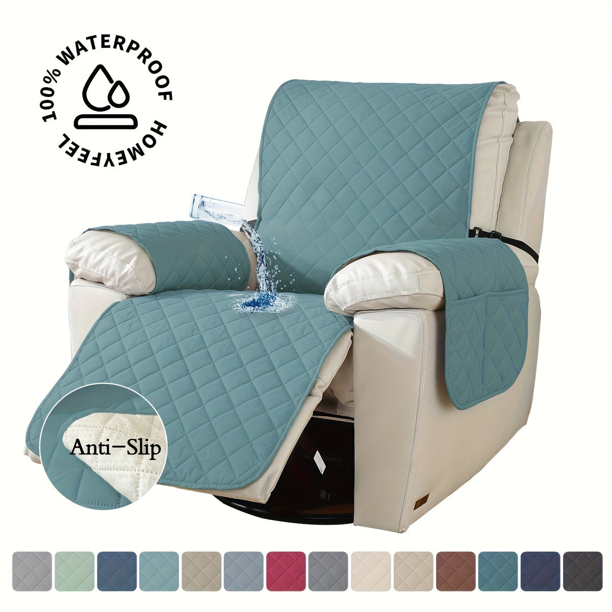 Recliner Chair Cover Waterproof Non-Slip, Oversized Recliner Slipcover with Side Pocket & Elastic Straps, Washable Furniture Protector for Dogs & Pets, Warm Cozy Chair Cover, 1 Piece