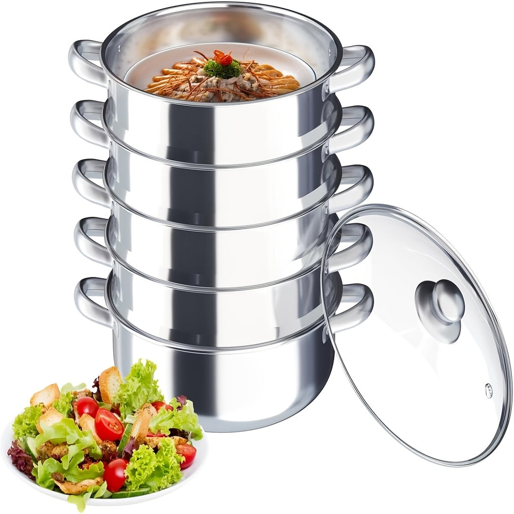 304 Stainless Steel Stackable Steamer Pot with Tempered Glass Lid – 2-Tier or 5-Tier Heavy-Duty Steam Cooker for Dumplings Vegetables Pasta Meat, Home & Commercial
