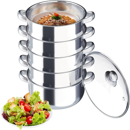 304 Stainless Steel Stackable Steamer Pot with Tempered Glass Lid – 2-Tier or 5-Tier Heavy-Duty Steam Cooker for Dumplings Vegetables Pasta Meat, Home & Commercial