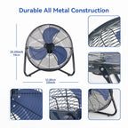 High-Velocity Industrial Floor Fan, 9" or 20", 3-Speed Metal Construction, for Garage, Workshop, Commercial & Home Use