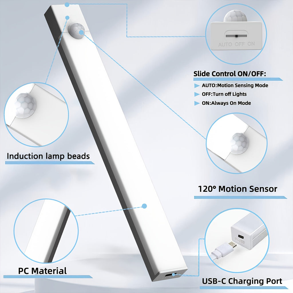 LED Motion Sensor Cabinet Lights 6-Pack, USB Rechargeable Magnetic Indoor Night Light Strips for Stairs, Shelves & Closets – 3.94in / 7.87in / 11.81in