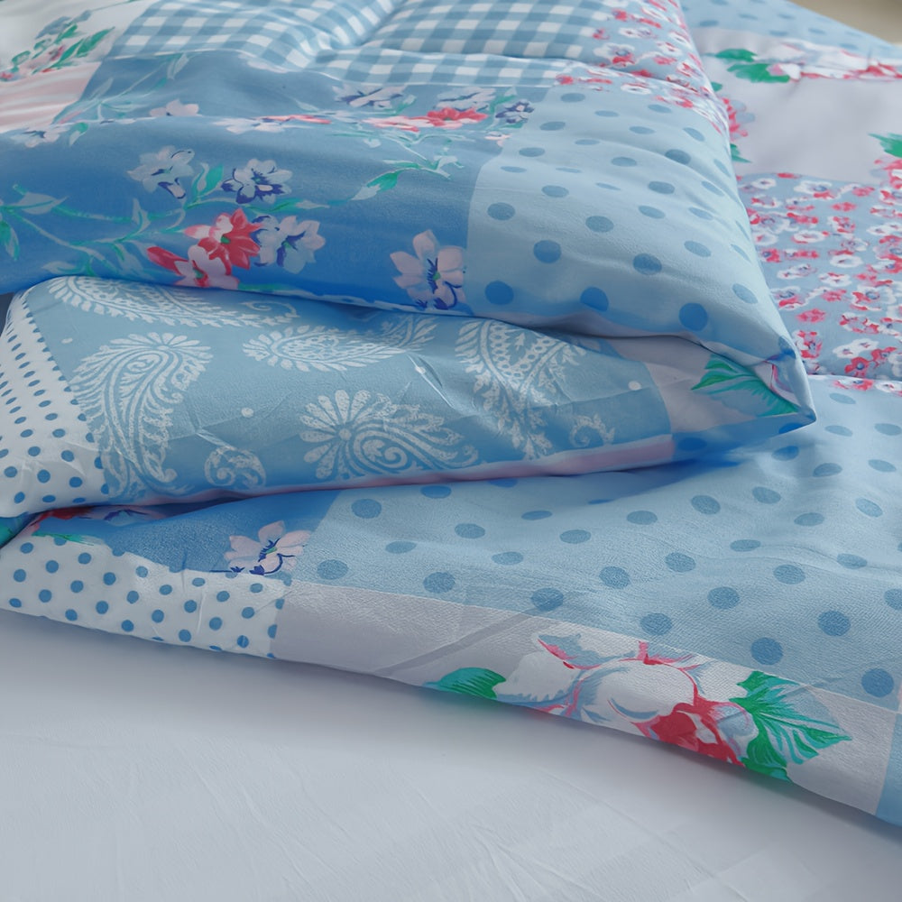 Blue Checkered Floral Comforter Set 2/3 Piece – Lightweight All-Season Quilt with Pillowcases, Soft Bedding Set Twin Queen King, Machine Washable