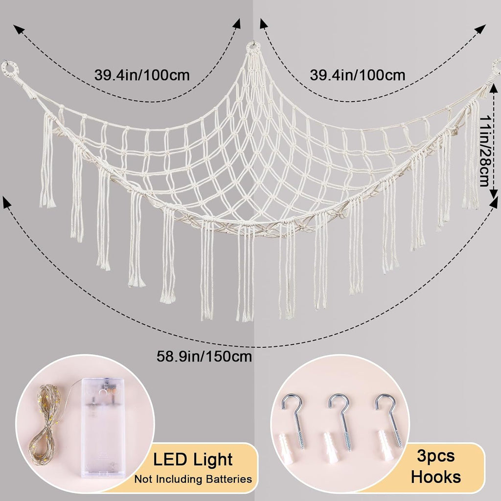 Stuffed Animal Storage Hammock with Star Lights – Corner Mesh Toy Organizer with Hooks for Kids Room, Bedroom & Nursery | White, Black & Pink
