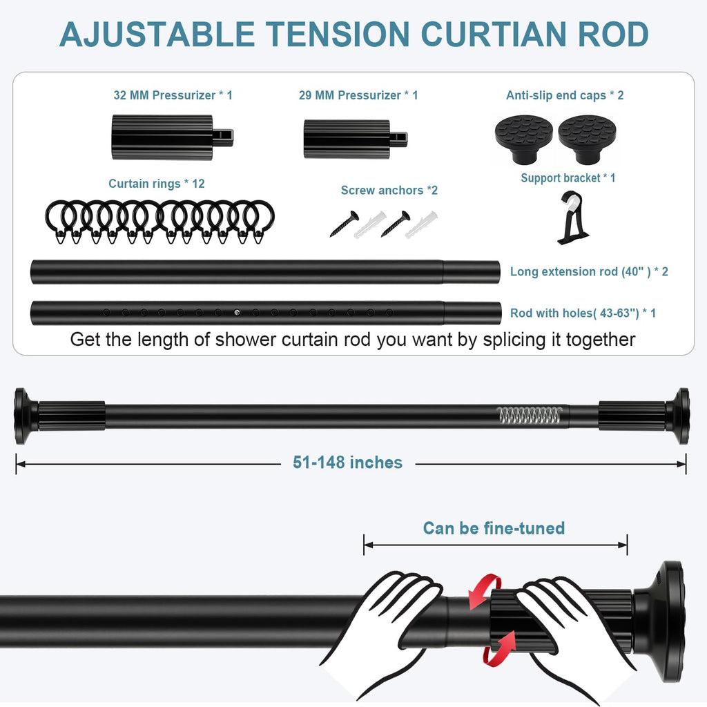 Tension Curtain Rod Adjustable 51-148 Inch No Drill Heavy Duty – Extra Long Spring Pressure Rod for Bathroom Shower Window Patio, White