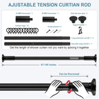 Tension Curtain Rod Adjustable 51-148 Inch No Drill Heavy Duty – Extra Long Spring Pressure Rod for Bathroom Shower Window Patio, White