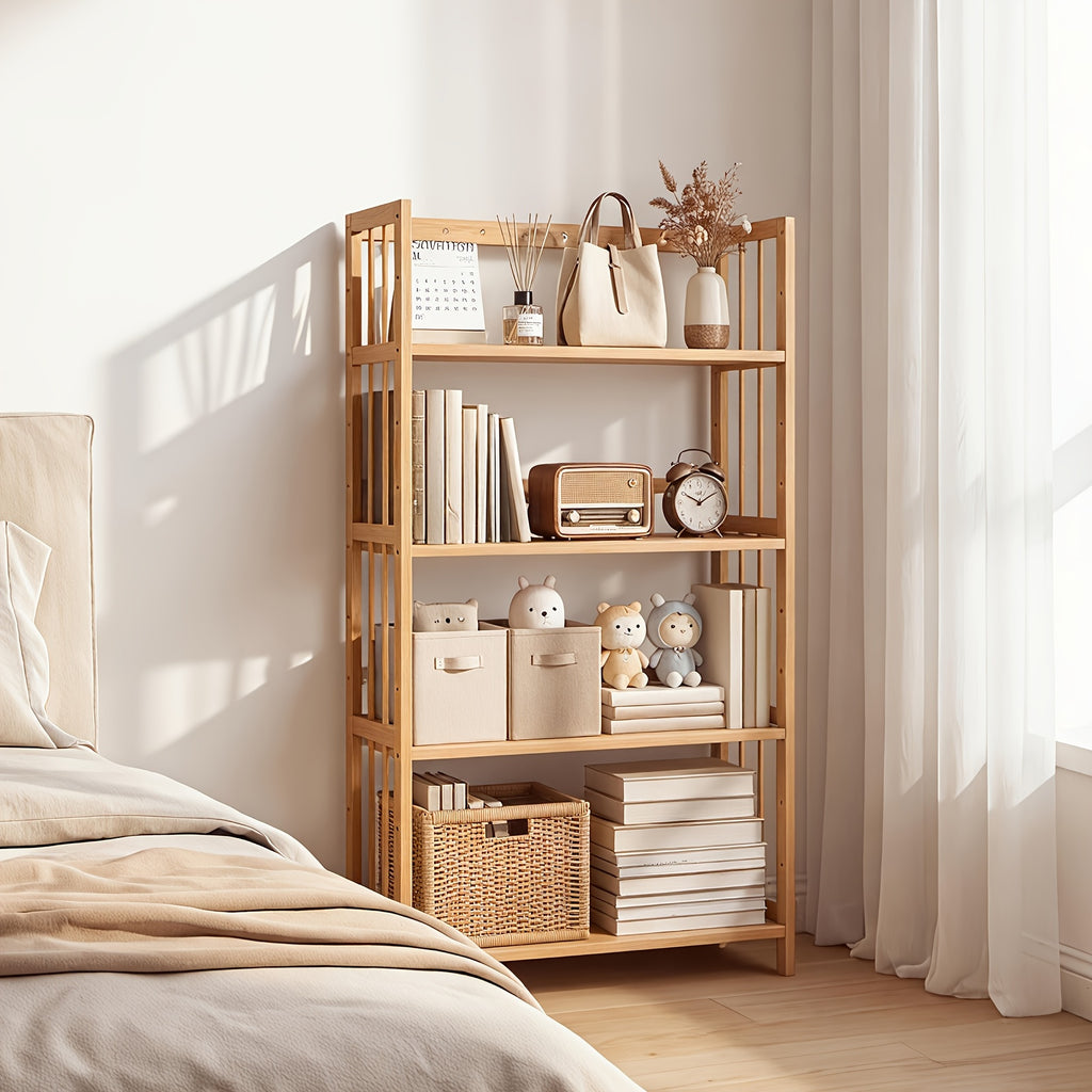 Bamboo Bookshelf Narrow 4 or 5 Tier Adjustable Shelves – Natural Wooden Bookcase Standing Storage Shelf Organizer for Small Spaces, Bedroom, Living Room & Home Office