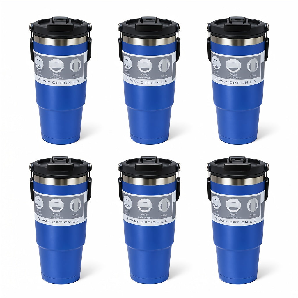 30oz Stainless Steel Insulated Tumbler 6-Pack with Handle, Lid & Straw – Double Wall Vacuum Travel Cups, Colorful Gift Set for Coffee, Cold Drinks & Daily Use | Black, Red, White & More