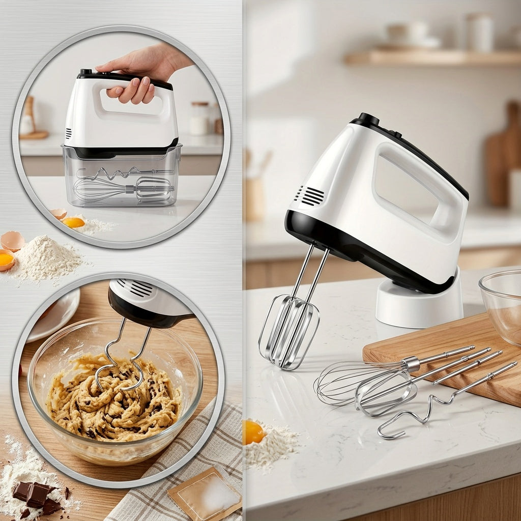 Electric Hand Mixer 6-Speed & Turbo – 5 Stainless Steel Accessories, Snap-On Storage Case | For Cookies, Cakes, Dough & Batters | White & Silver
