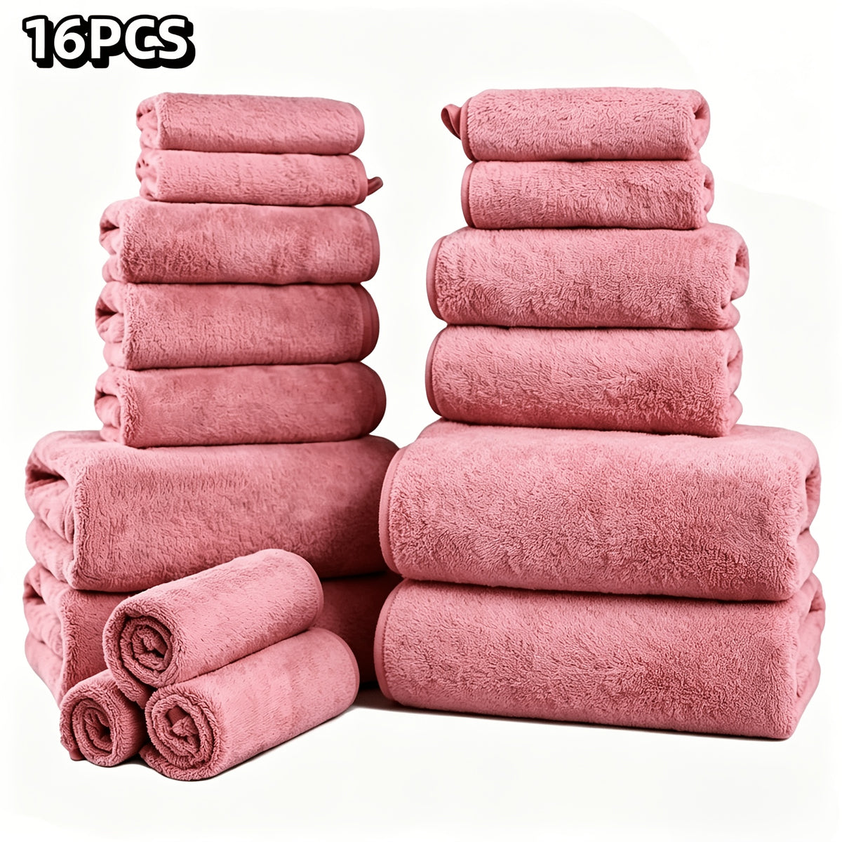 16-Piece Ultra-Soft Coral Fleece Bath Towel Set – 4 Bath Towels, 6 Hand Towels & 6 Washcloths | Quick-Dry, Highly Absorbent | Home, Hotel & Spa