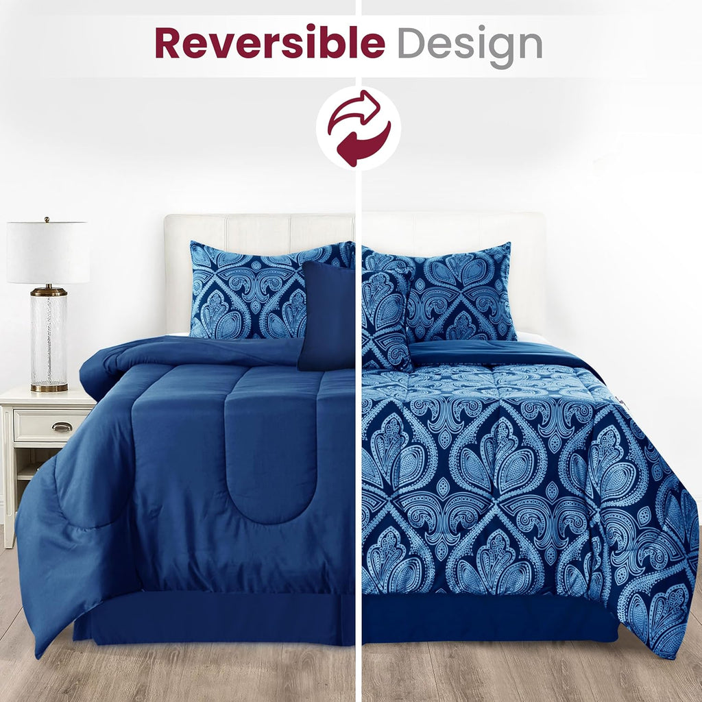 5-Piece Comforter Set – Reversible Quilted Down Alternative Bedding Set with Pillow Shams, Bed Skirt & Cushion | All Season | Twin, Queen, King