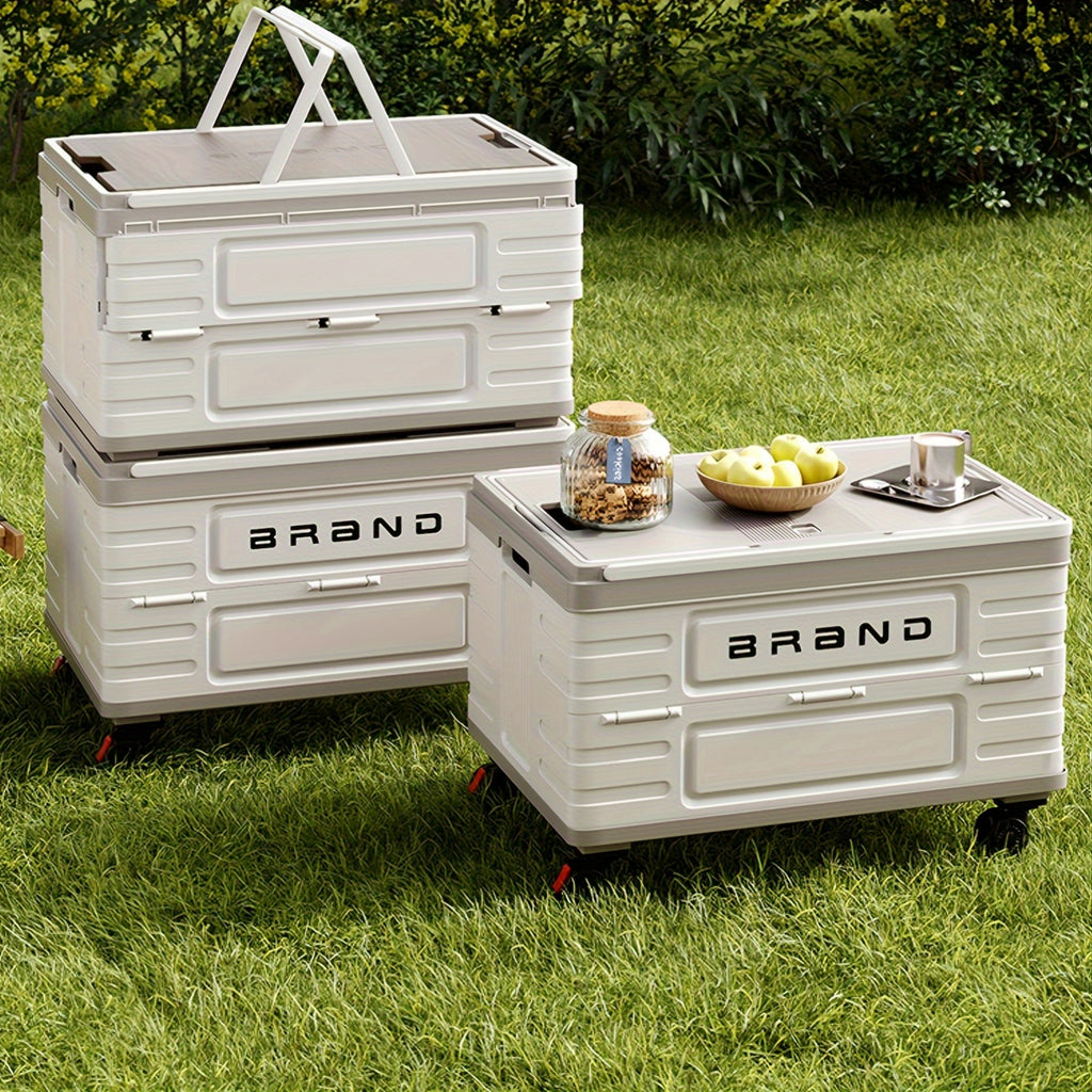 Collapsible Rolling Crate Cart with Wooden Lid & Wheels – 13.21 Gallon Foldable Utility Cart for Picnic, Shopping, Office, Teacher & Home Storage