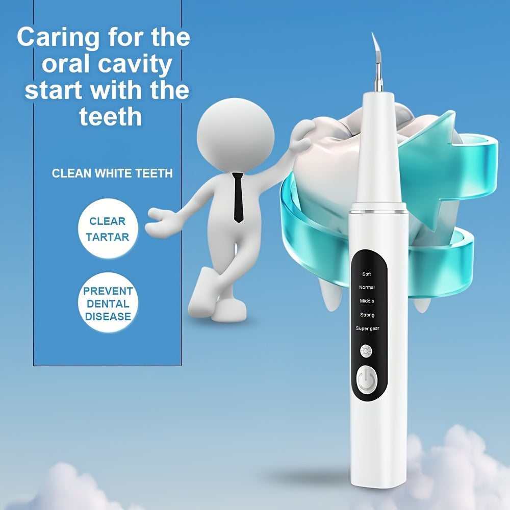 Electric Plaque Remover Teeth Cleaner - LED Light 5 Mode Rechargeable Dental Scaler 3 Stainless Steel Heads Home Travel Oral Care Tool