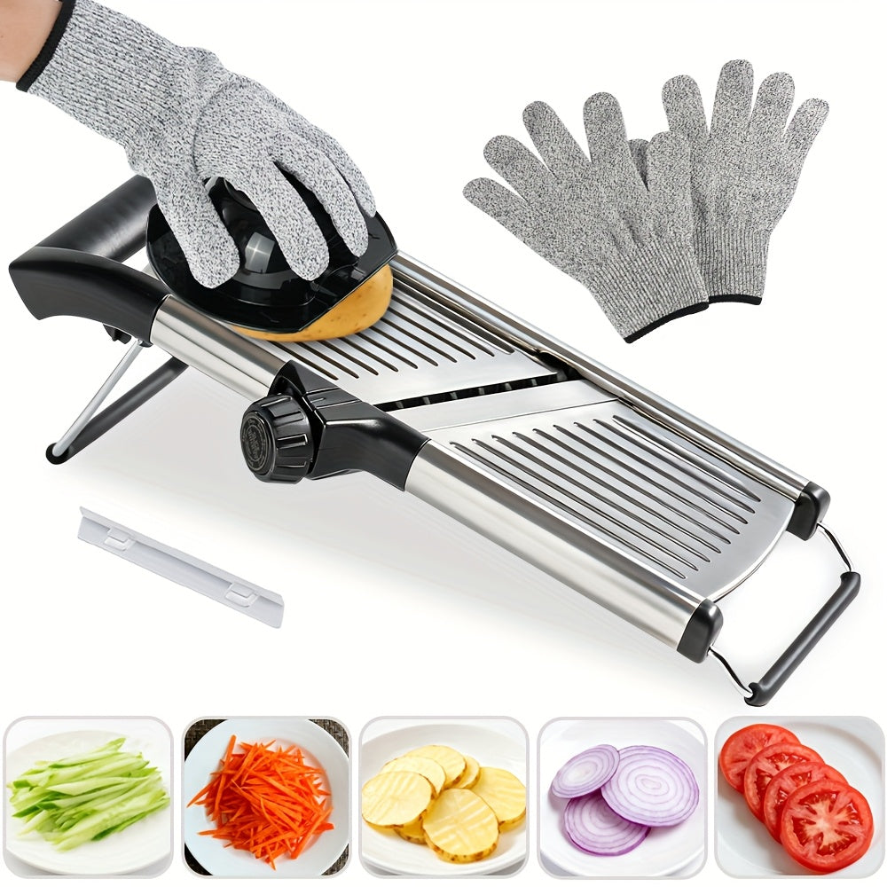 Adjustable Mandoline Slicer with 5 Thickness Settings – Stainless Steel Vegetable Slicer & Grater for Onion, Potato, Carrot, Cheese & Fruit – Professional Kitchen Tool, Optional Cut-Resistant Gloves