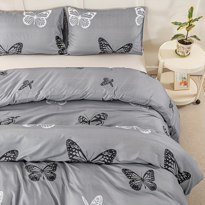 Gray Butterfly Print Duvet Cover Set 3pcs Black White Butterfly Quilt Cover with Pillowcases Twin Full Queen King