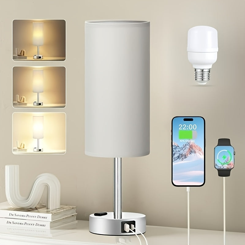 Dimmable Touch Bedside Table Lamp with Wood Base & USB-C Port – 3-Way Touch Control, Round Burlap Shade, A19 LED Bulb Included, 1/2 Pack