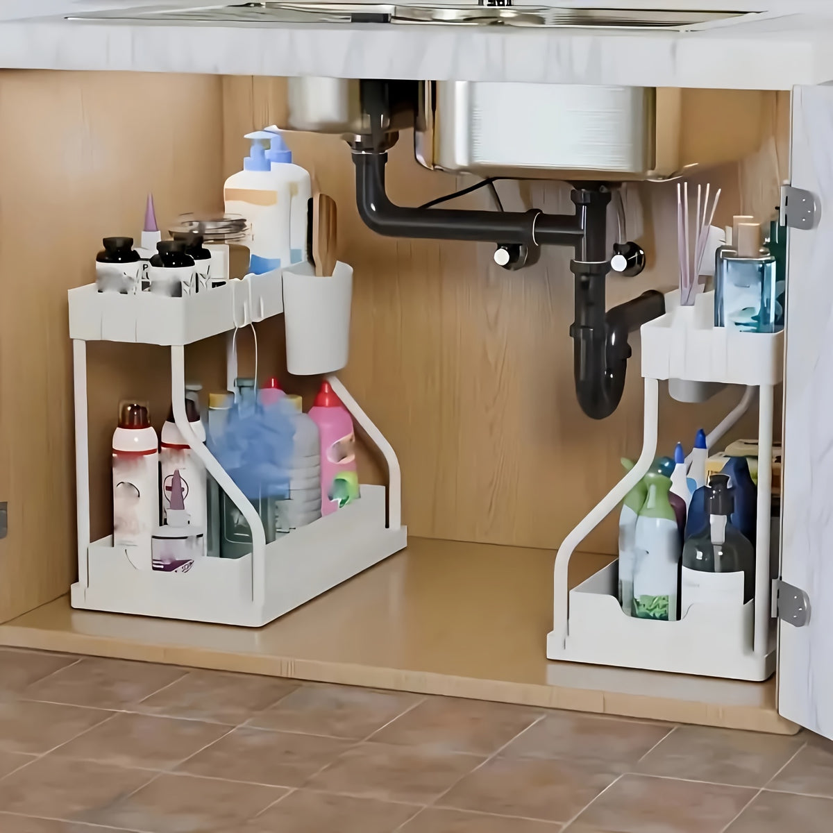 Under Sink Organizer with Sliding Shelves 2 Pack Multi-Purpose Plastic Cabinet Storage Basket for Bathroom Kitchen Black White Durable Construction